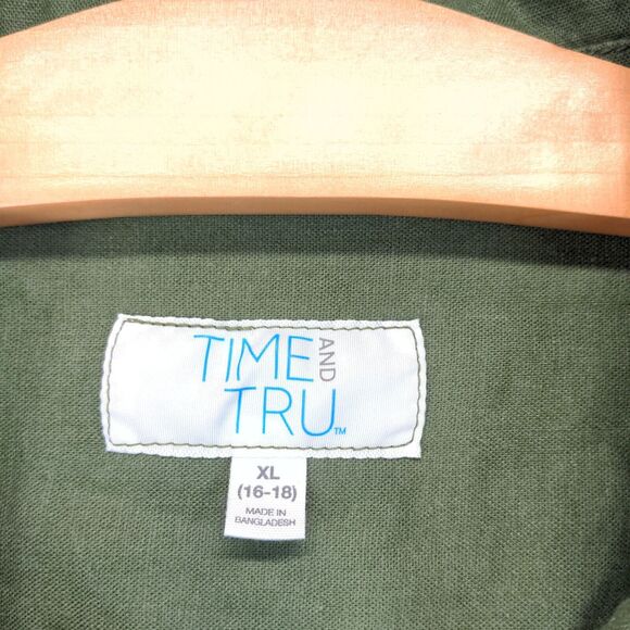 Time And Tru Button Up Linen Jacket Womens XL Long Sleeve Green Chest Pockets - Picture 10 of 14